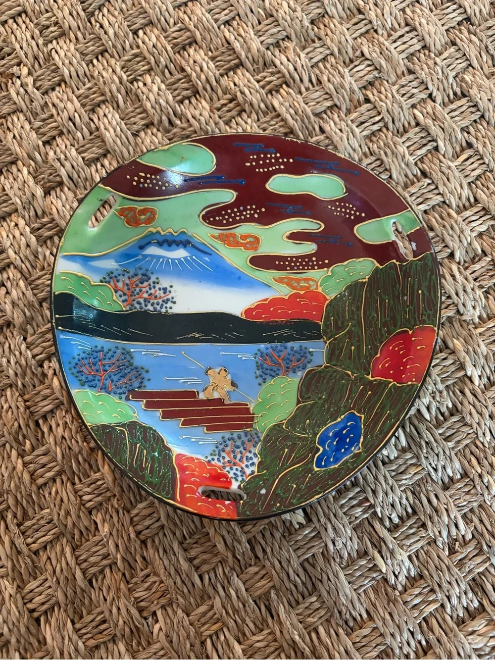 Early Mid Century Made in Japan Hand Painted Porcelain Handled Bowl 7 in